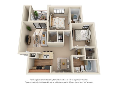Floor plan for 2 beds, 2 baths, 945 sqft